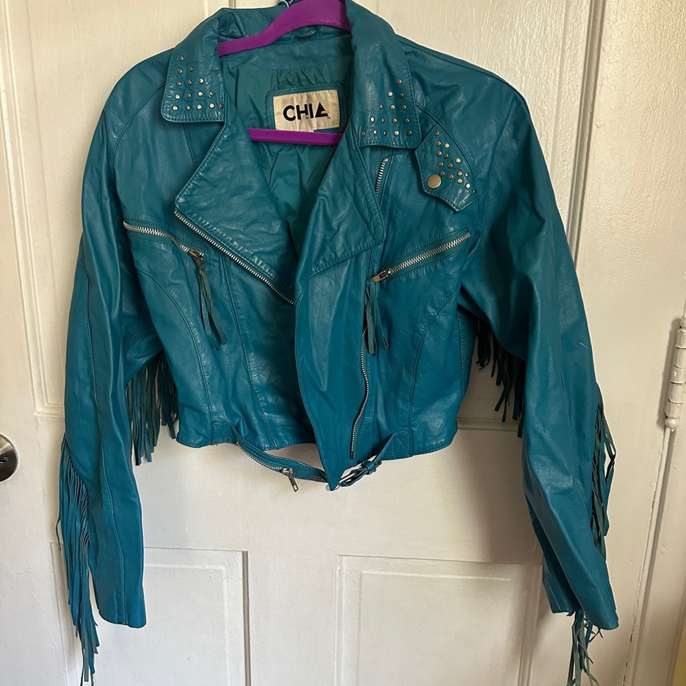 Vintage Women's Blue Leather Jacket